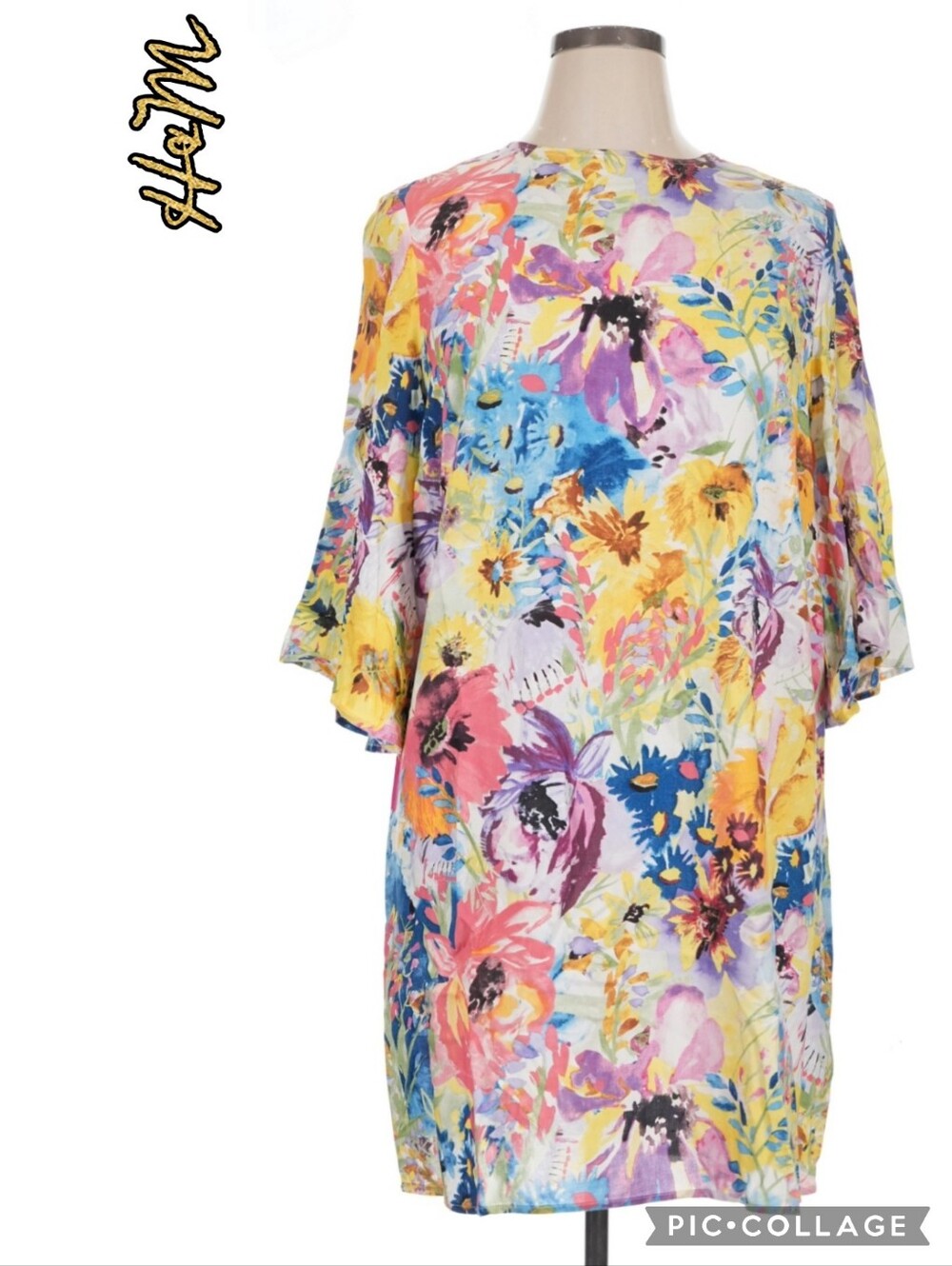 H&M multicolor floral shift dress keyhole & button back closure 3/4 sleeves